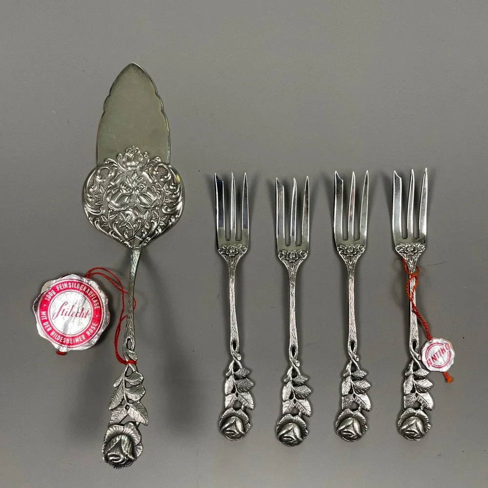 Antiko 100 Hildesheimer Rose Silver Plated Cake Server and 4 Forks Set German